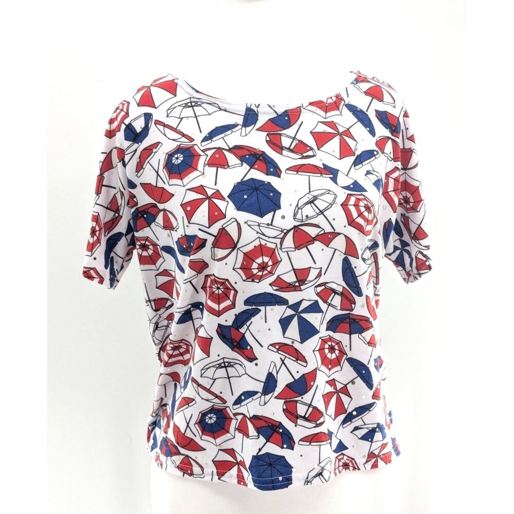 C.D. Petites Patriotic Umbrella Sequins Short Sleeve Shirt Blouse Size PM